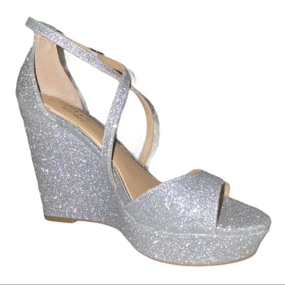 Jewel Badgley Mischka Averie Evening Sandal Heels Silver Glitter 5.5M New - Picture 3 of 8